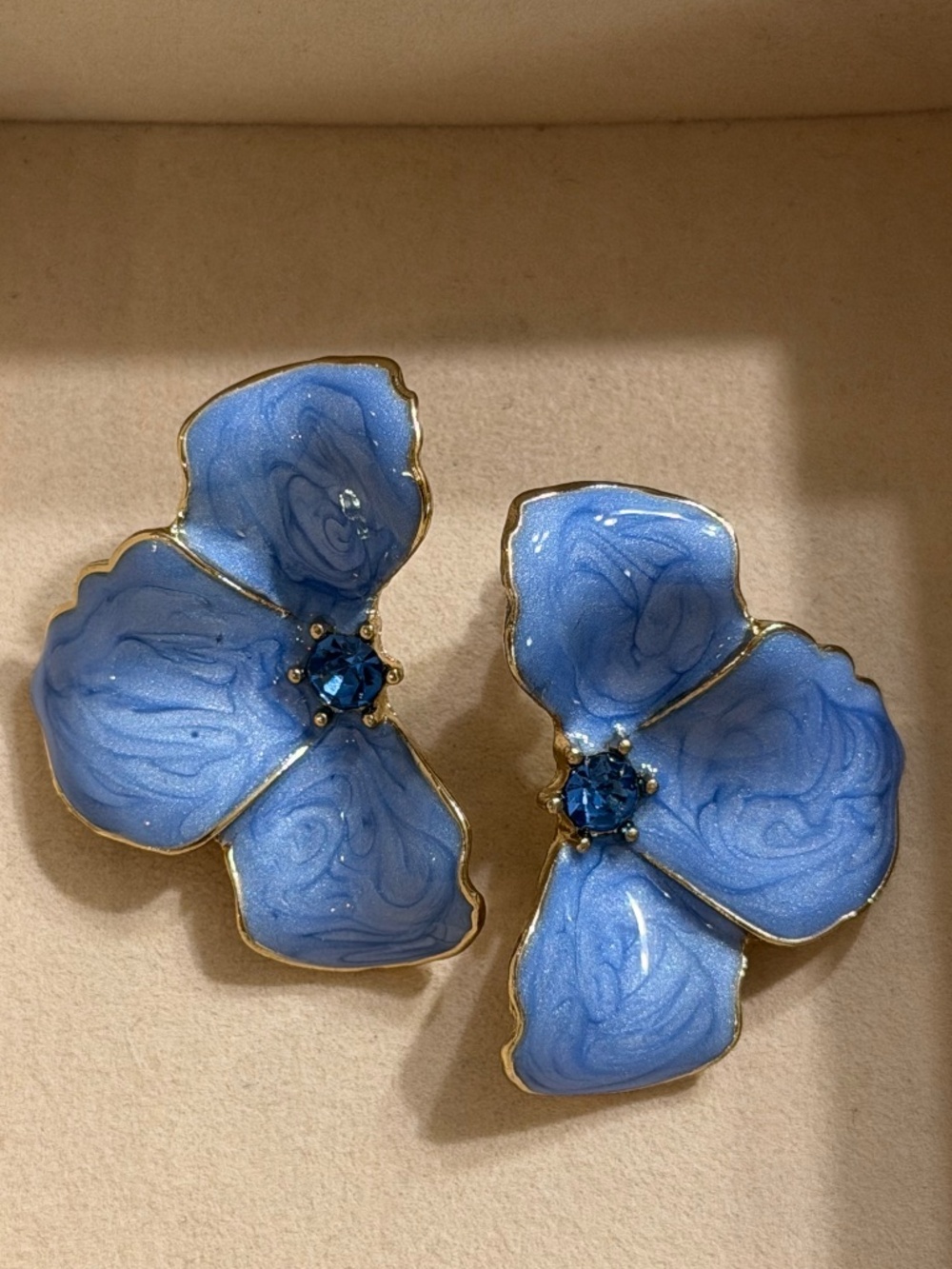 Elegant Golden Light Blue Enamel Flower Statement Earrings Gold-Plated Edging